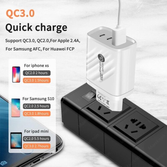(UK Plug, White) PD 45W USB-C Charger, Fast Charging Adapter, Type-C Port, Supports Quick Charge 3.0, Compatible with iPhone 14 Pro, Xiaomi, Samsung, and other smartphones.